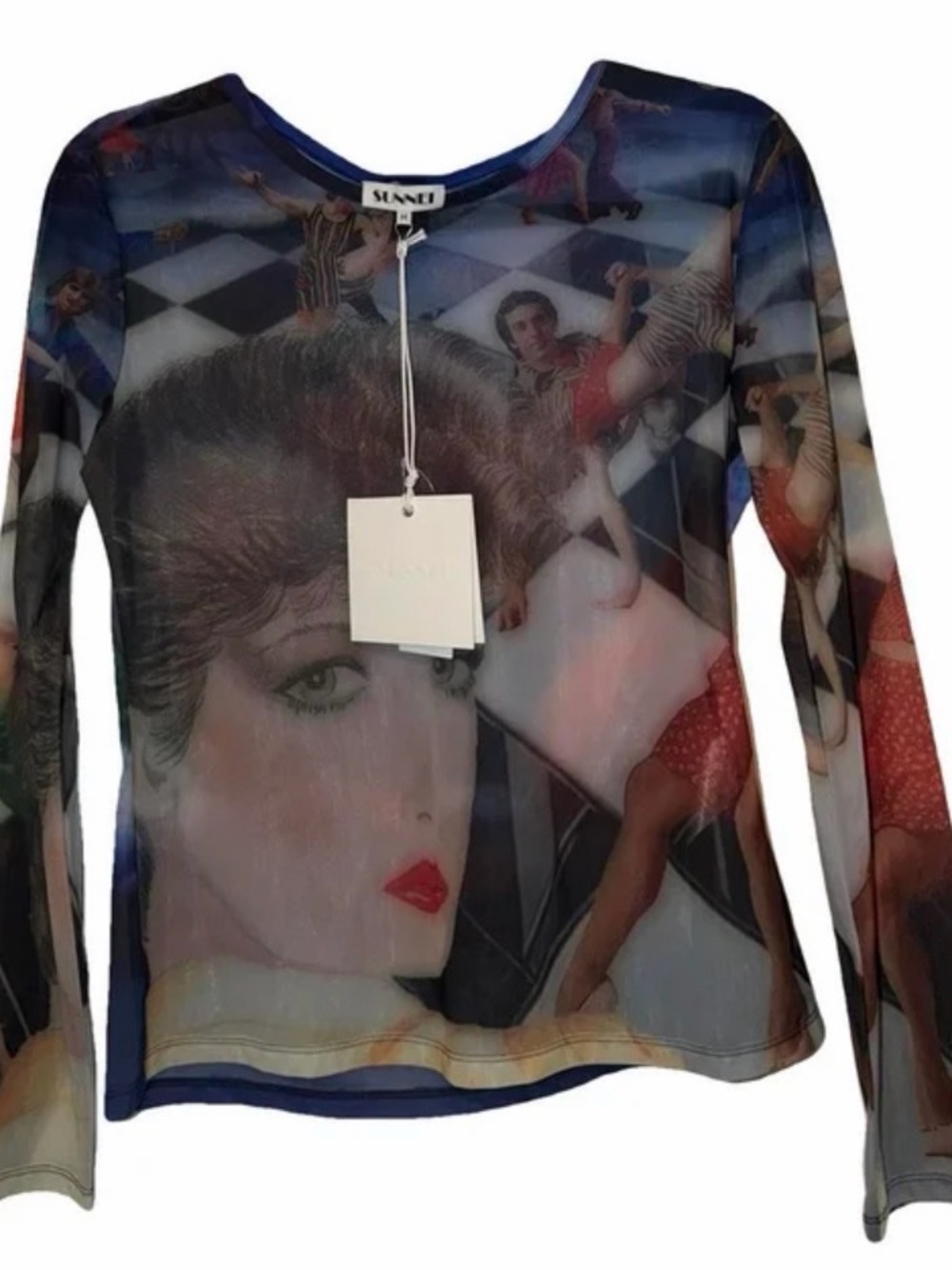 Sundry Blue Multi-Graphic Sheer Long-Sleeve Top